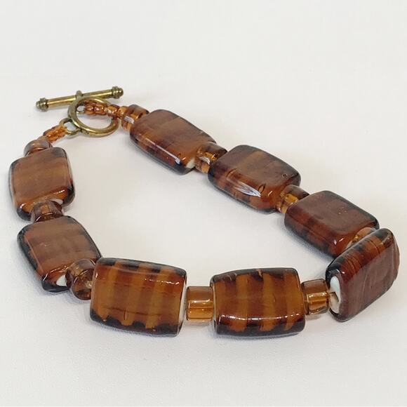 Art Glass Root Beer Tiger Stripe Chunky Cube Rectangle Beaded Anklet Toggle - Picture 1 of 13